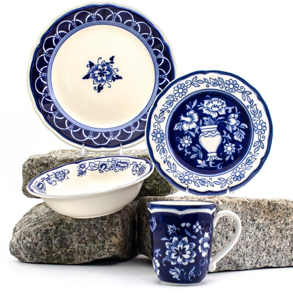 Sophisticated Blue Garden 16-Piece White Ceramic Dinnerware Set