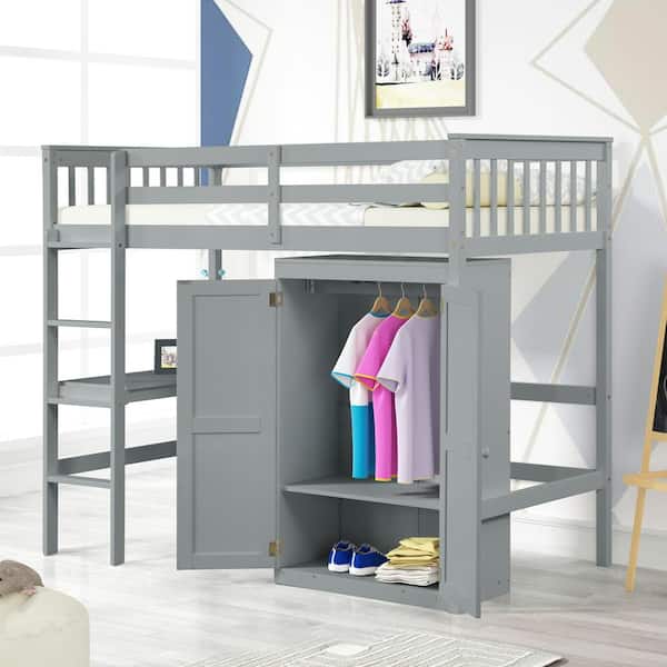 Qualler Gray Twin Size Loft Bed with Wardrobe and Built-in Desk