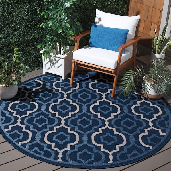 Courtyard Navy/Beige 7 ft. x 7 ft. Floral Trellis Indoor/Outdoor Round Area Rug