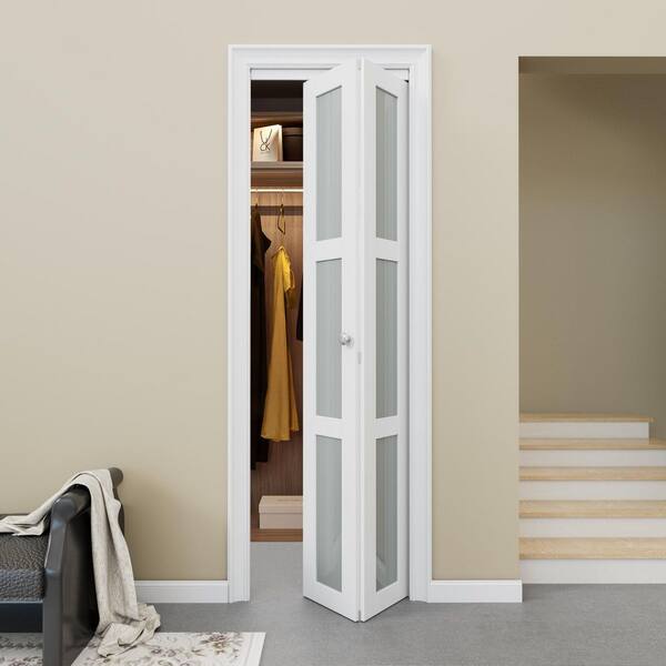 28 in. x 80 in. 3-Lite Tempered Frosted Glass and Solid Core White Finished MDF Closet Bi-Fold Door with Hardware