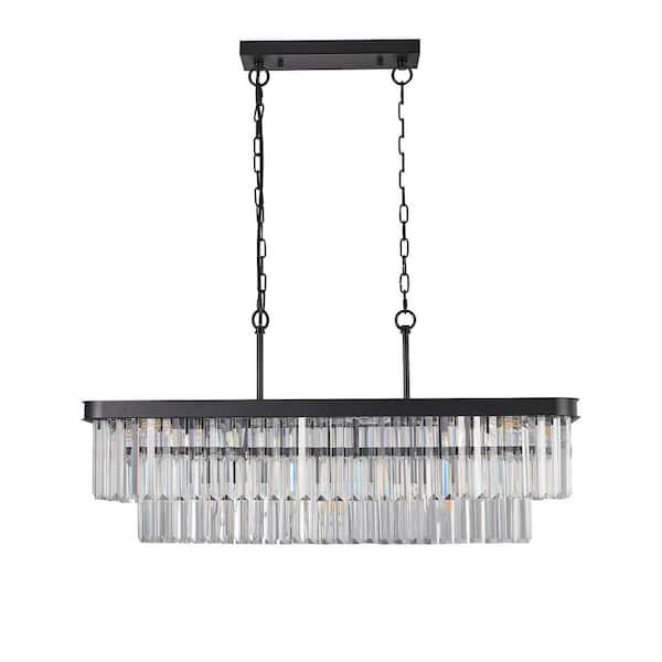 11-Light Rectangular Black Crystal Chandelier with Farmhouse Iron Hanging Light Fixture (Bulb Not Included)