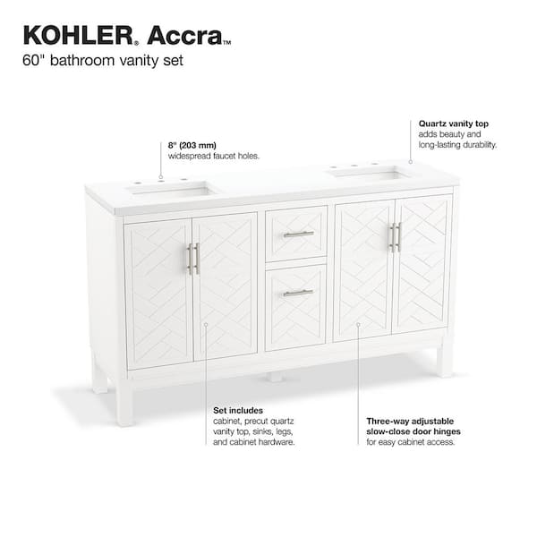 KOHLER Accra 60in. Double Sink Freestanding White Bath Vanity with Pure White Quartz Top Assembled