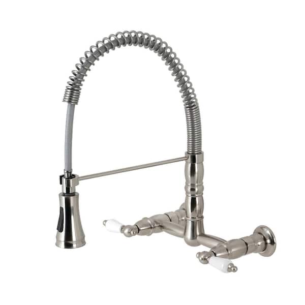 Kingston Brass Heritage Double Handle Wall Mount Pull Down Sprayer Kitchen Faucet in Brushed Nickel