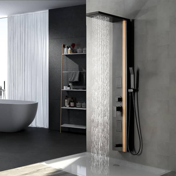 2-Jet Rainfall Shower Panel System with Rainfall Waterfall Shower Head and Shower Wand in Black Bamboo