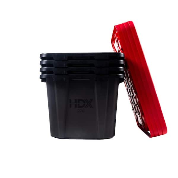 HDX 27 Gal. Tough Storage Tote in Black with Red Lid (4-Pack) 999