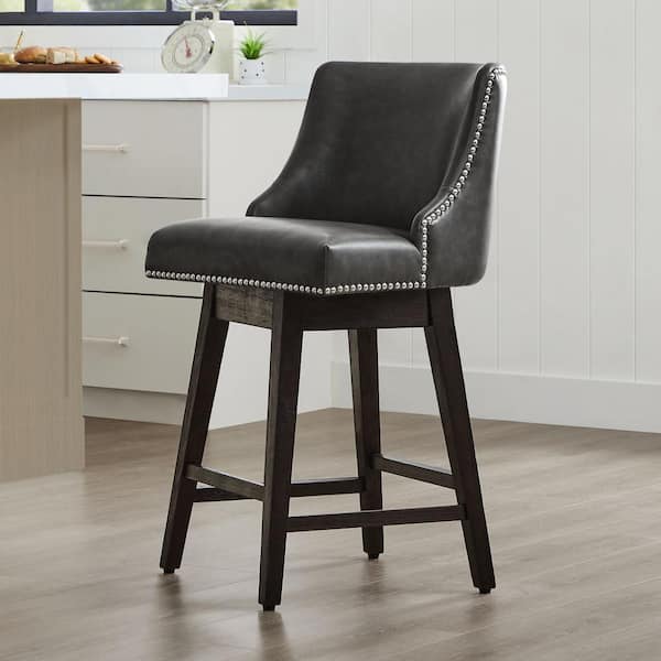 Spruce & Spring Martin 26 in. Retro Gray High Back Solid Wood Frame Swivel Counter Height Bar Stool with Faux Leather Seat