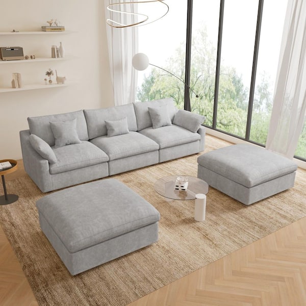 120 in. Square Arm 5-Piece Linen Upholstered Cloud Modular Sectional Sofa 3-Seater w/ Ottoman, Washable Covers in Gray