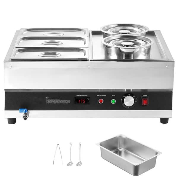 Electric Soup Warmer, 2x 6.34 qt. Pots & 3x 1/3 Pans, Stainless Steel, 1500W, 86~185°F, for Restaurant, Buffet