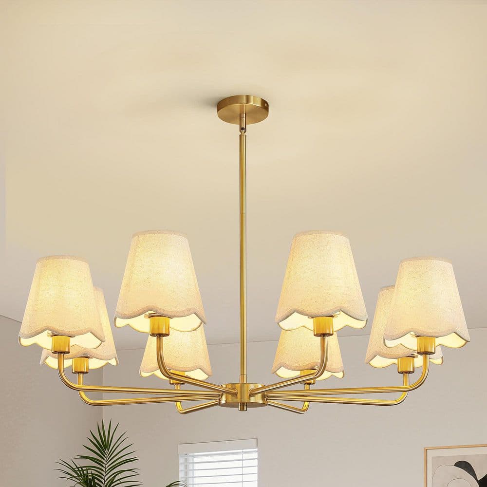 8 Light Farmhouse Gold Rustic Round Hanging Chandelier For Kitchen Island With White Linen Shades, No Bulbs Included price history on PriceWatchPro