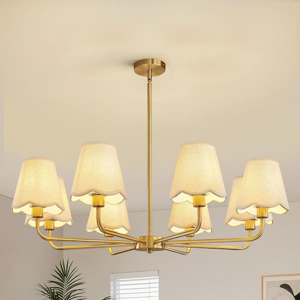 8 Light Farmhouse Gold Rustic Round Hanging Chandelier For Kitchen Island With White Linen Shades, No Bulbs Included