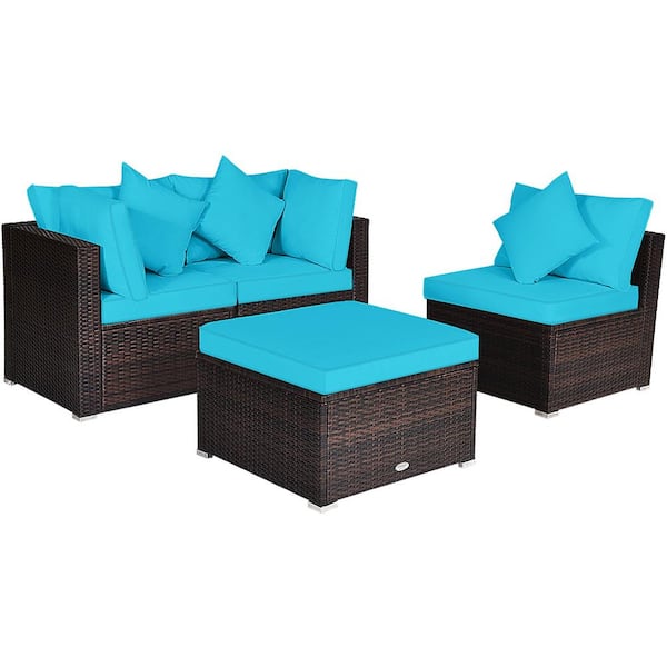 Gymax 4-Pieces Rattan Patio Conversation Furniture Set Yard Outdoor with Turquoise Cushion
