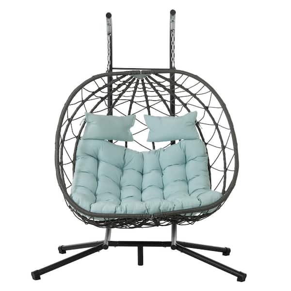 Sudzendf 2-Person Wicker Patio Swing Hanging Egg Chair Basket Chair with Light Blue Cushion and Stand