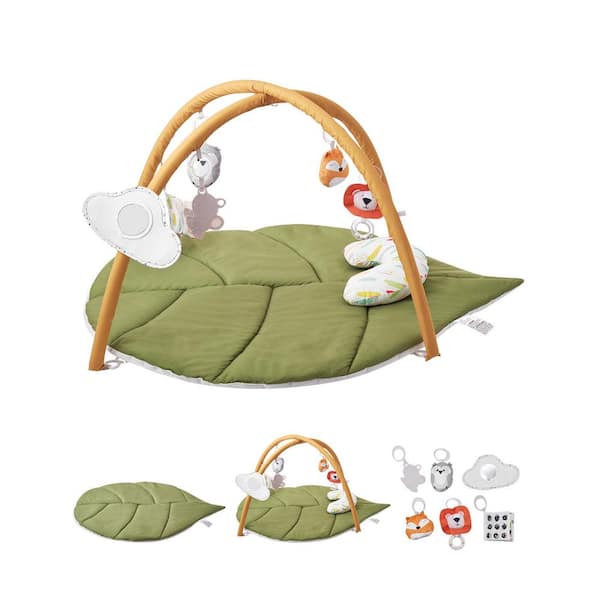Baby Play Gym Mat 1 x 1 ft. Indoor Baby Activity Mat with 6 Sensory Toys, Oversize Leaf-Shaped Tummy Time Mat for Infant