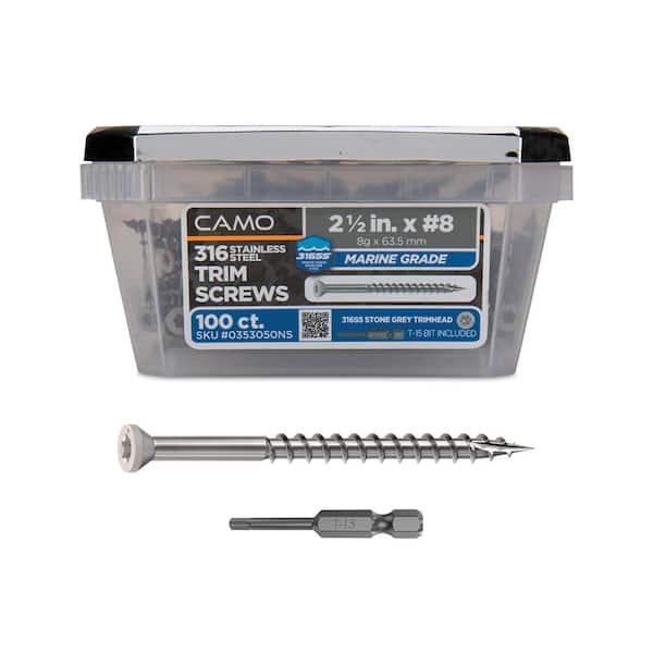 CAMO 2-1/2 in. #8 316 Stainless Steel Stone Gray Premium Star Drive Trim Screws (100-Count)