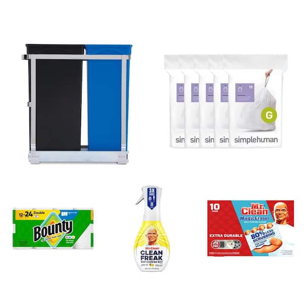 35L Trash Can, 30L Trash Bag Liners (100pk), Paper Towel (12rls), Cleaning Mist, Magic Erasers (10ct)