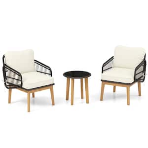 3-Piece Patio Chair Set Wicker Chair and Side Table Set with Soft Cushions and Tempered Glass Tabletop