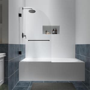 VENUS 34 in. W x 58 in. H Pivot Frameless Tub Door in Black Hinges with Clear Glass