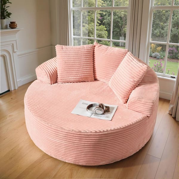 MIU 59 in. Modern Wide Square Arm Plush Corduroy Round Sofa Chair Lounge Chaise Sleeper Bed with Pillows in. Pink