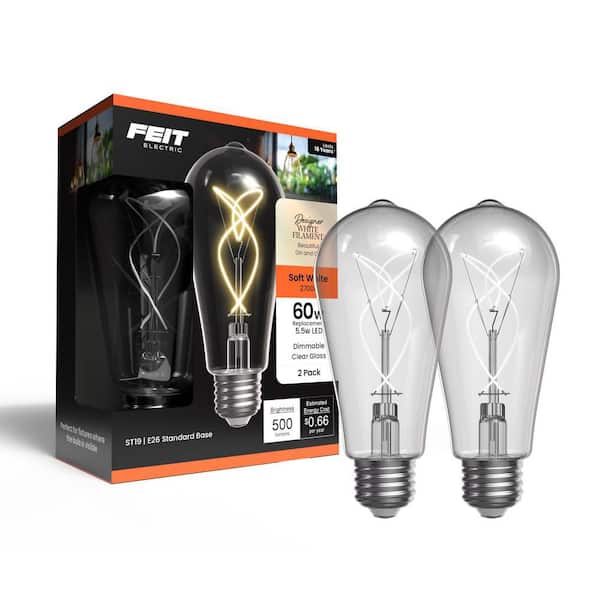 60W Equiv. ST19 Dim. Knot White Filament Clear Glass E26 Vintage Edison LED Straight Tapered Light Bulb Soft White 2-PK