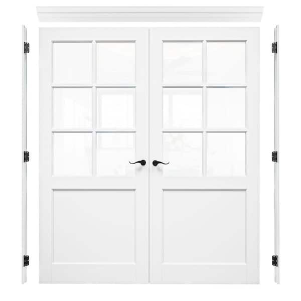 72 in. x 80 in. Universal Handed 6-Lite Clear Glass White Solid Core MDF Double French Door with Assemble Jamb