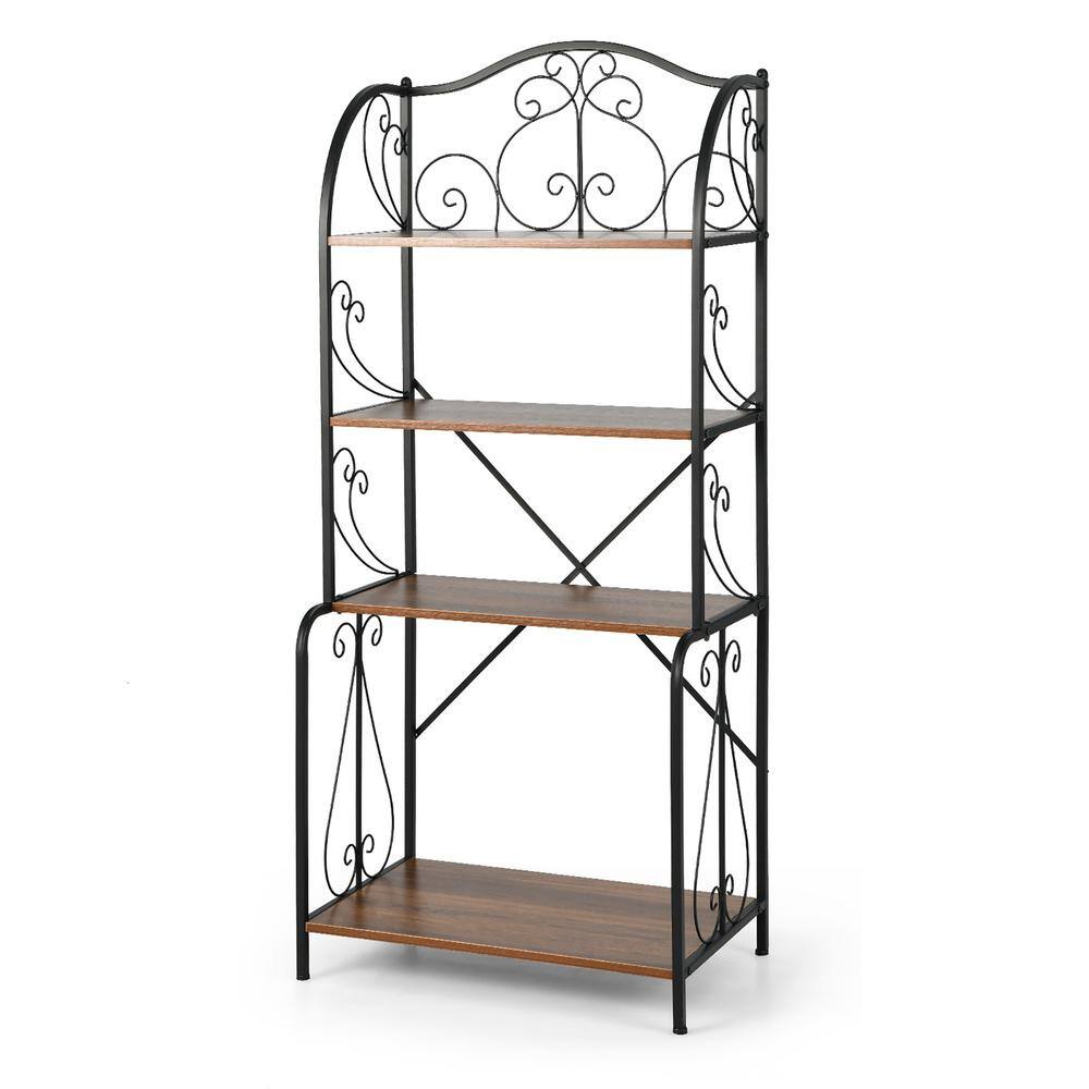 4-Tier Kitchen Bakers Rack with 6 S-Hooks and Stemware Racks-Rustic Brown | Costway