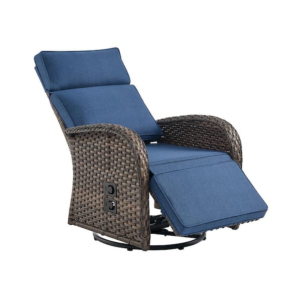 Comfort Series Brown Wicker Outdoor Versatile Pneumatic Swivel Lounge Chair for Patio with CushionGuard Blue Cushions