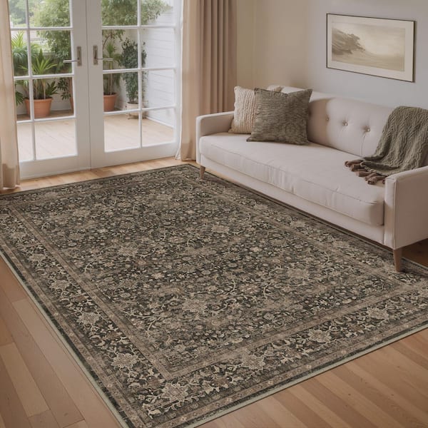 Qom Brown 5 ft. x 7 ft. Distressed Vintage Floral Washable Area Rug