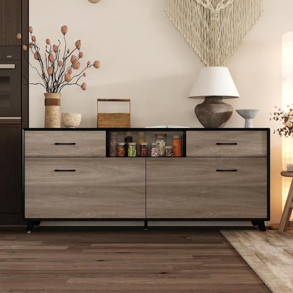 FUFU&GAGA Black and Gray Wood Grain Wooden 63 in. W Sideboard, Storage Cabinet, Bookcase with 4-Shelves, 2-Drawers and 2-Doors