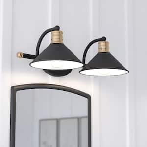 Akron 18 in. 2-Light Vanity Light Matte Black with Gold Brass Accents Industrial Bathroom Wall Fixture - Metal Shades