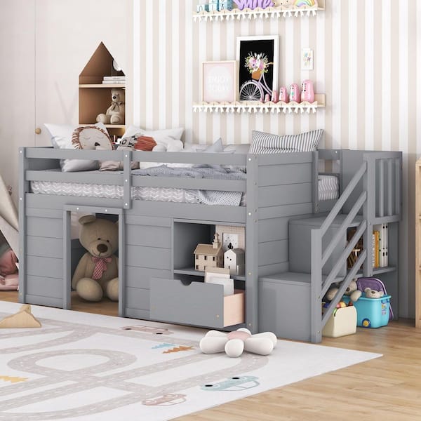 Gray Twin Size Wood Loft Bed with Storage Stairs, Drawer and Shelf