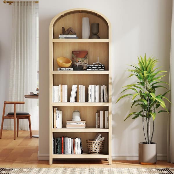 76 in. Tall Coastal Oak Wood 5-Shelf Arched Bookcase with Open Front Storage Design