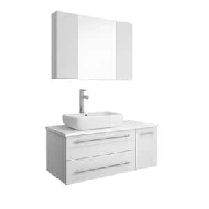 Lucera 36 in. W Wall Hung Vanity in White with Quartz Stone Vanity Top in White with White Basin and Medicine Cabinet
