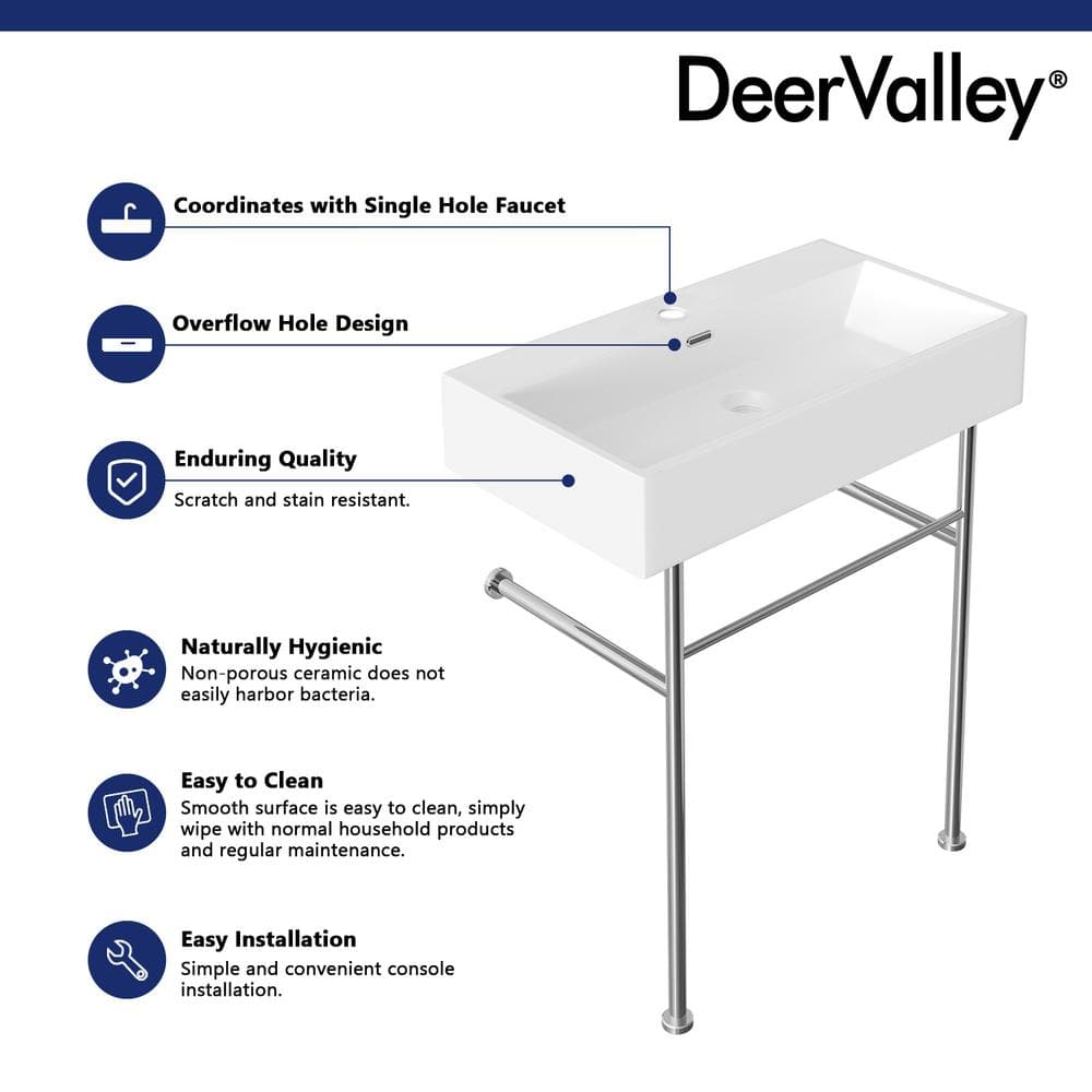 30" White Ceramic Console Sink with Black Stainless Steel Legs