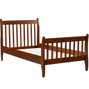 Walnut Solid Wood Twin Platfrom Bed with Headboard, Bronze Kids Platform Bed with 10 Wood Slats, No Box Spring Needed