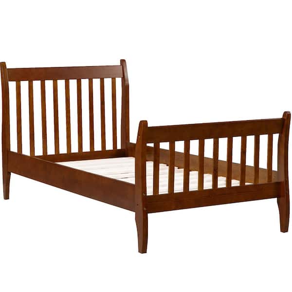 ANBAZAR Walnut Solid Wood Twin Platfrom Bed with Headboard, Bronze Kids Platform Bed with 10 Wood Slats, No Box Spring Needed