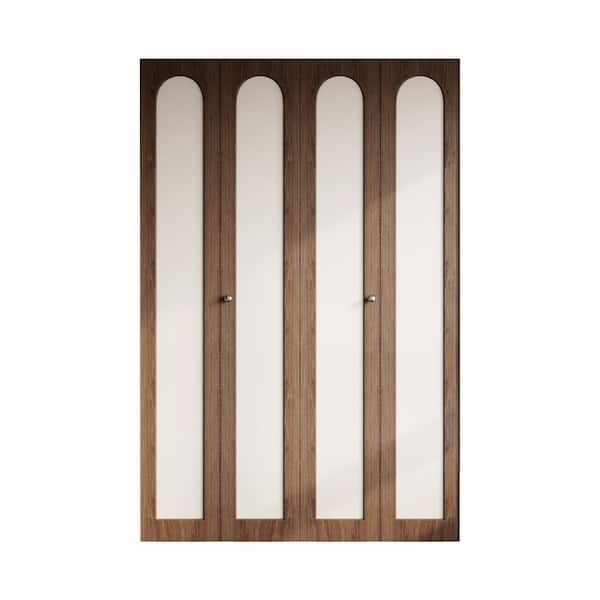 60 in. x 80 in. Dark Walnut Modern Arched Solid Core PVC Bi-Fold Closet Door with Leather-Look Panel