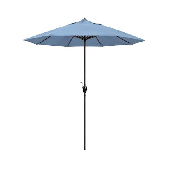 California Umbrella 7.5 ft. Bronze Aluminum Market Auto-Tilt Crank Lift Patio Umbrella in Air Blue Sunbrella