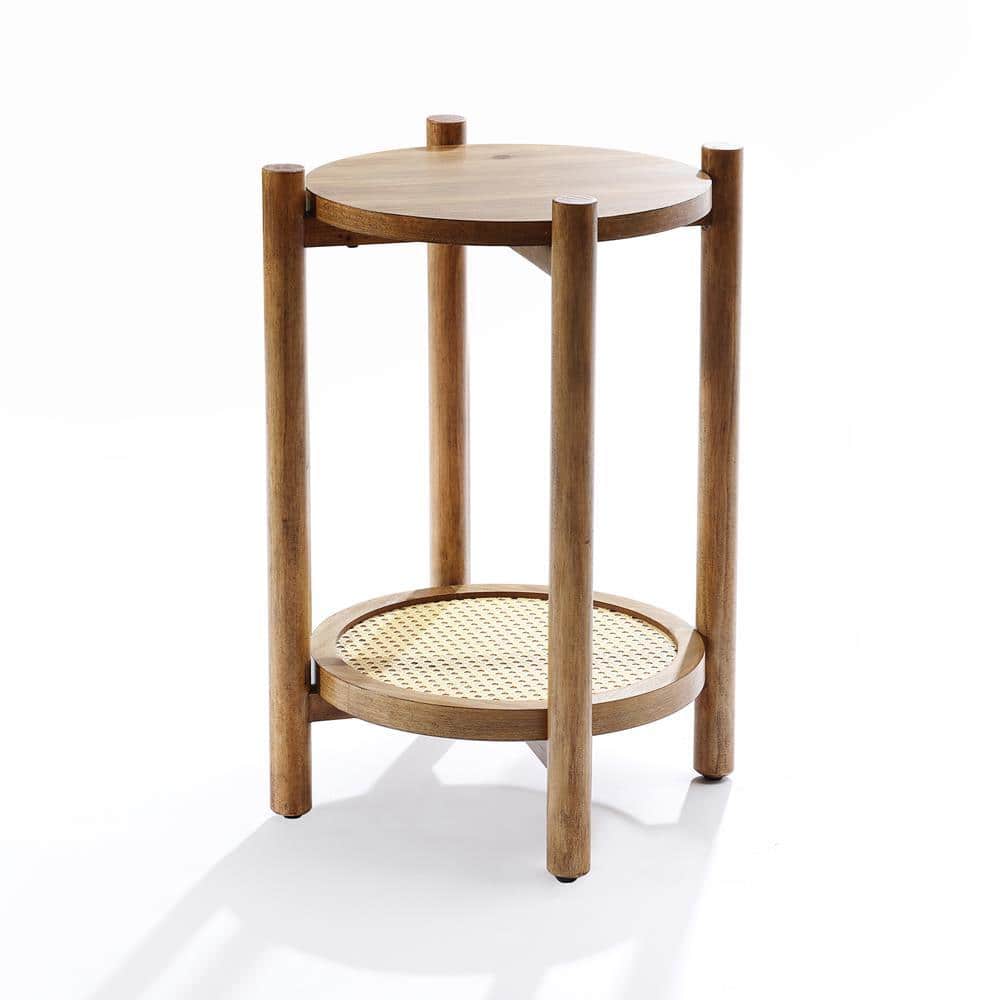 Chestnut Finish Pine and MDF Round Table with Rattan Shelf