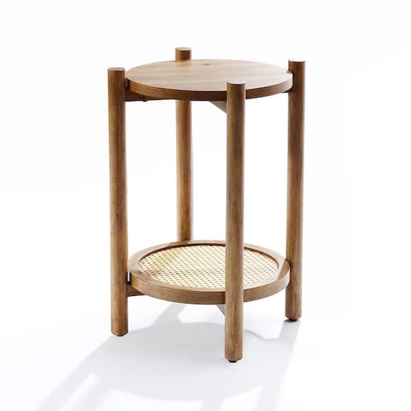 LuxenHome 17.9 in. Brown Round MDF End Table with Rattan Shelf