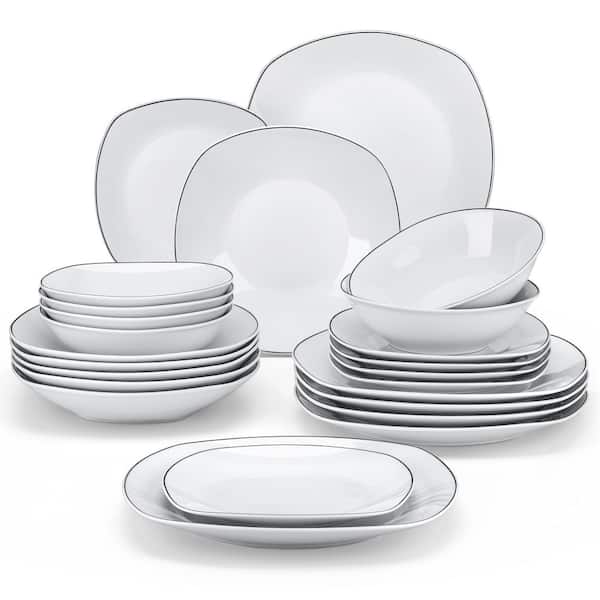 vancasso 24-Piece Gray-White Porcelain Dinnerware Set Service for 6 Dining Set Black Rim Dishware Bowls and Plates Set