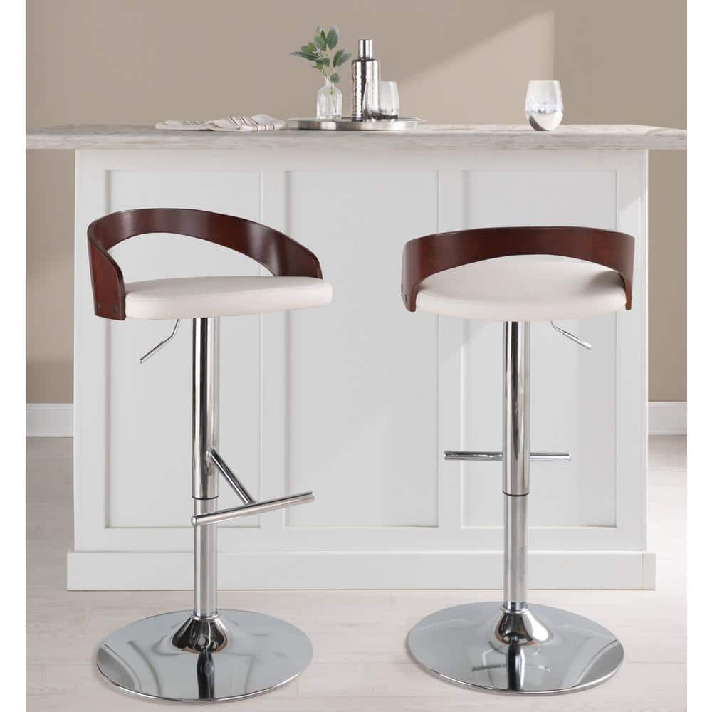 White Faux Leather Adjustable Swivel Barstool with Wood Backrest