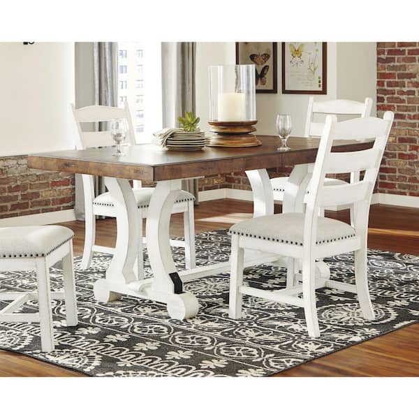 Valebeck White/Brown Wood 86 in. Trestle Extendable Dining Table Seats 8 with Drop Leaf