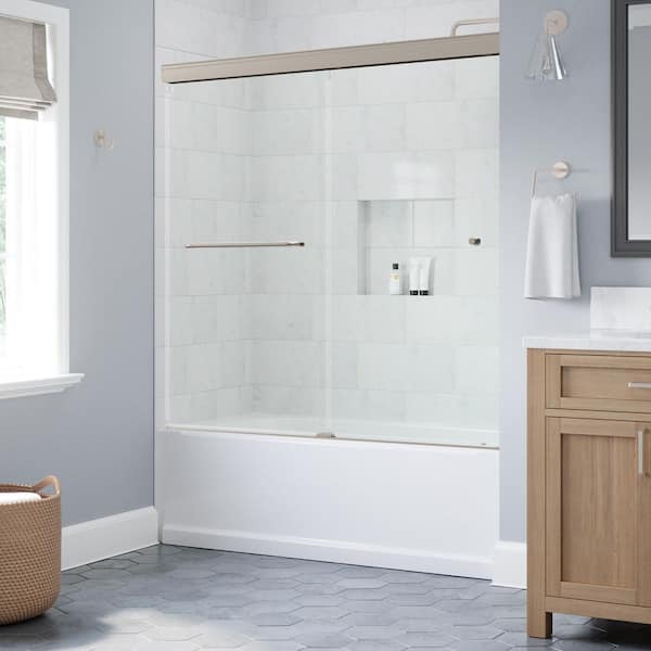 Portwood 52 to 60 in. W x 58 in. H Semi-Frameless Sliding Bathtub Door in Nickel with 1/4 in. Clear Glass