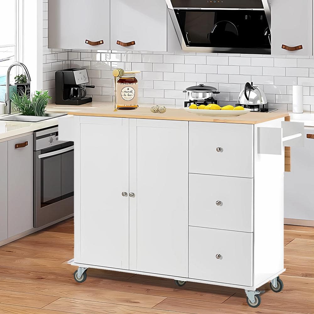 White Wood 53.1 in. Kitchen Island on 5-Wheels with Storage Cabinet and 3-Drawers for Dinning Room LH-705