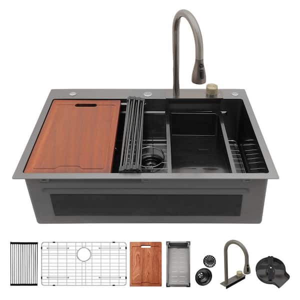 33 in. Drop-In Single Bowl 16 -Gauge Gunmetal Black Stainless Steel Kitchen Sink with Faucet and Bottom Grids