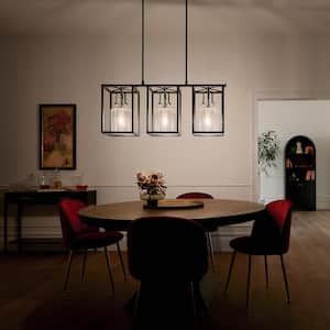 Kitner 42 in. 3-Light Black with Polished Nickel Vintage Industrial Linear Cage Chandelier for Dining Room