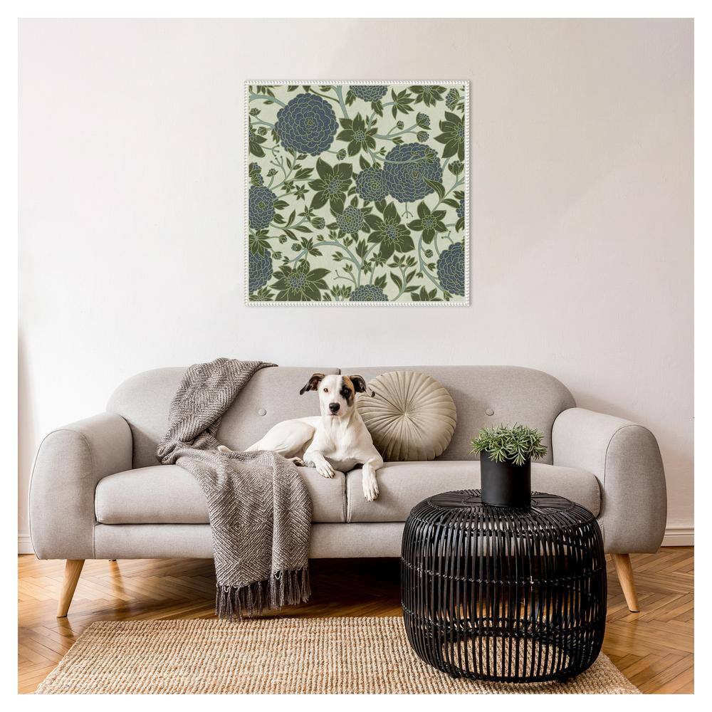 Puff Ball Vines Blue Green Abstract Canvas Wall Art with White Frame