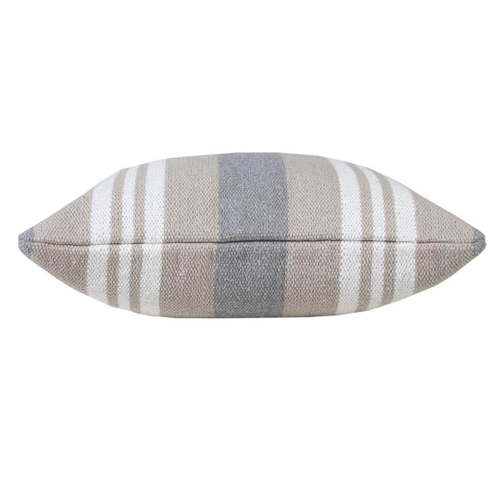 20" Beige and Gray Striped Cotton Throw Pillow
