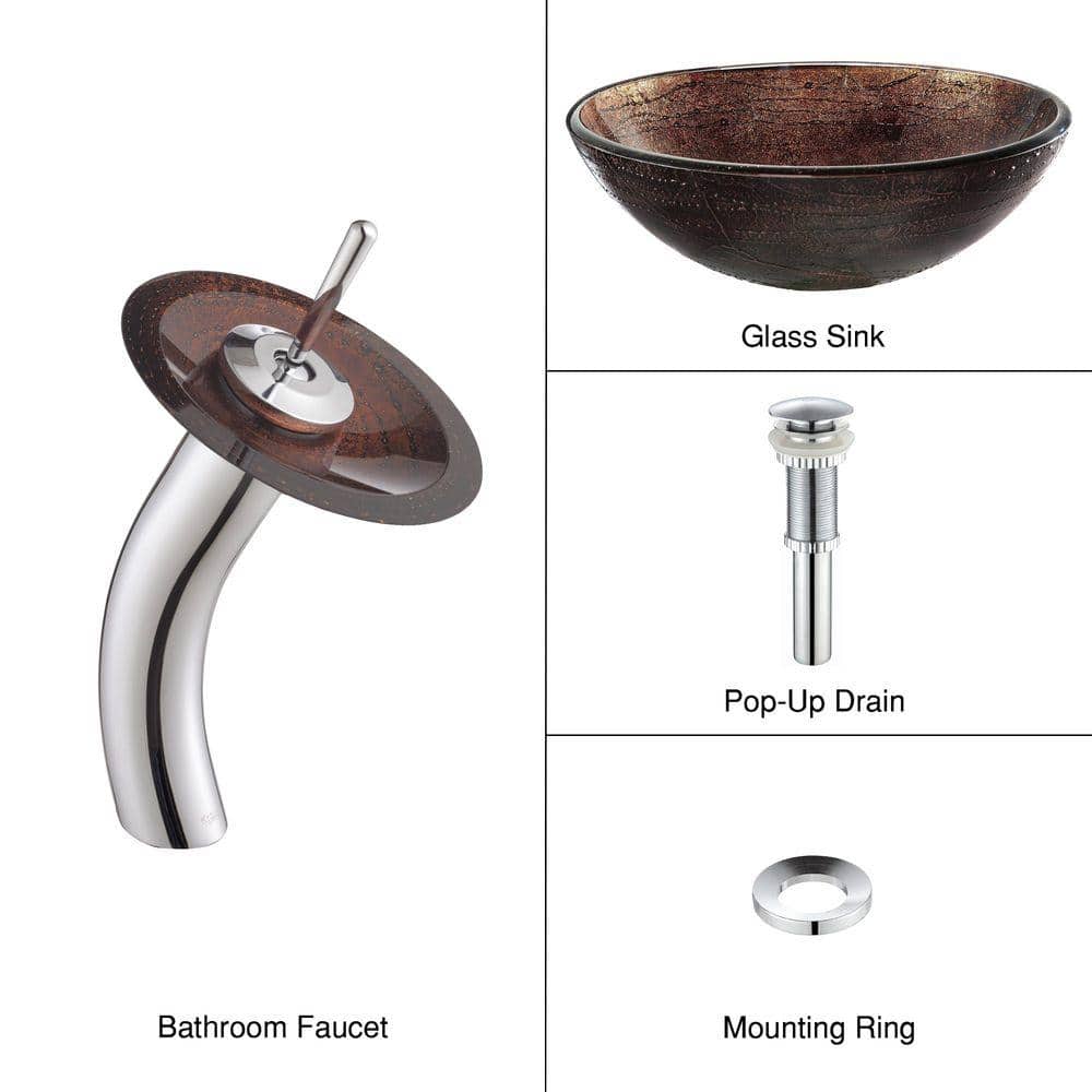 Copper Brown Glass Vessel Sink with Chrome Waterfall Faucet