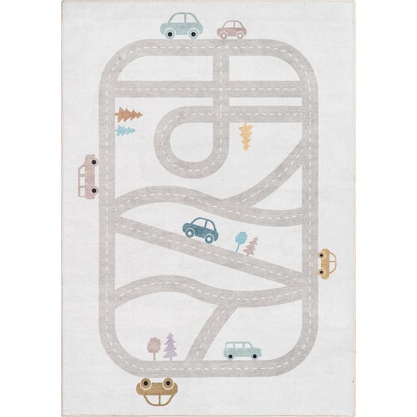Well Woven Playful Roads Modern Kids Grey 6 ft. x 9 ft. Machine Washable Flat-Weave Area Rug
